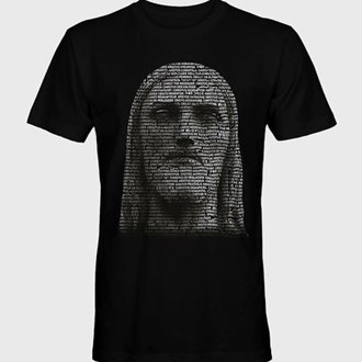 Camiseta Cristo Redentor Rosto em 35 línguas gola redonda preta tamanho G