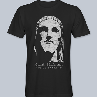 Camiseta Cristo Redentor 5 preta gola redonda,  tamanhos PP / P / M / G / GG / XG