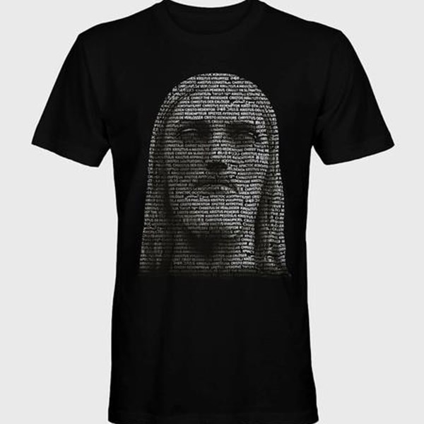 Camiseta Cristo Redentor Rosto em 35 línguas gola redonda preta tamanho XG