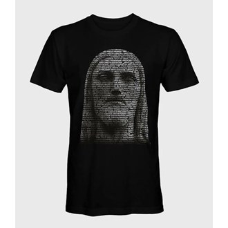 	Camiseta Cristo Redentor Rosto em 35 línguas gola redonda preta tamanho M